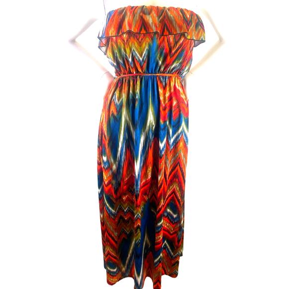 Halo Strapless Chevron Maxi Multi Fall Color Ruffle Top Elastic Belted Waist XL - Picture 3 of 11